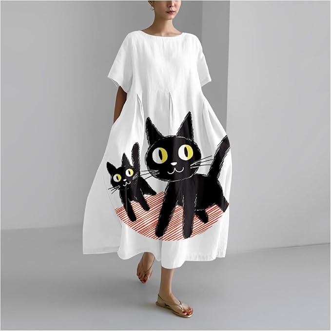 MARSVOVO Summer Dress for Women Funny Cat Graphic Cute Short Sleeve Maxi Dress Causal Plus Size Party Dress for Women