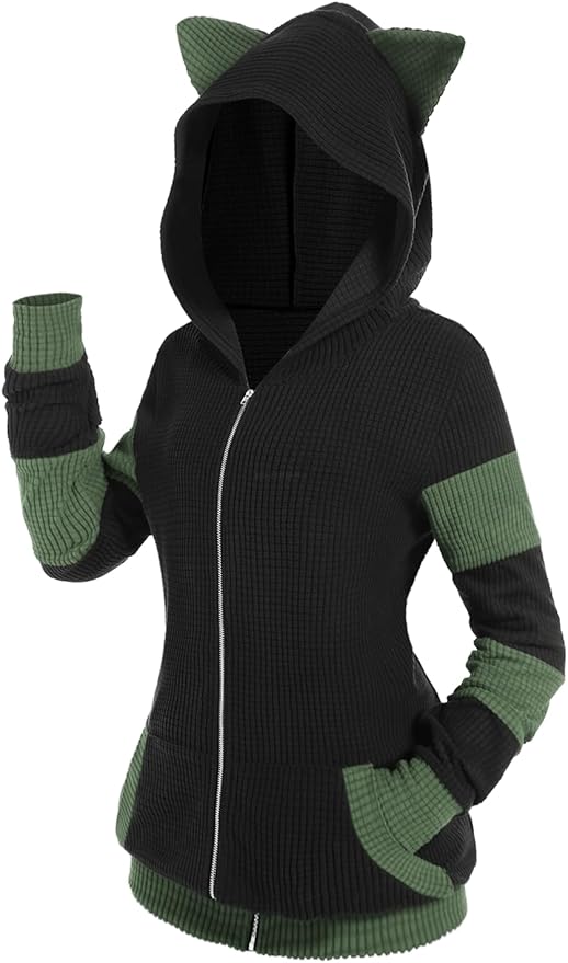 ROSE GAL Rosegal Women Plus Size Cat Ear Ribbed Hooded Blouson Jacket Animal Ear Two Tone Cute Hoodie