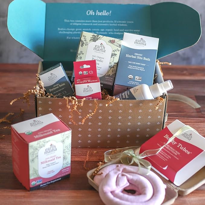 Earth Mama Postpartum Essentials Recovery Gift Set for Mom| Organic Self Care Gifts for Mom, Nipple Butter, Perineal Spray & Balm, Sitz Bath, Milkmaid & Periodic Tea and Booby Tubes, 7-Piece Set