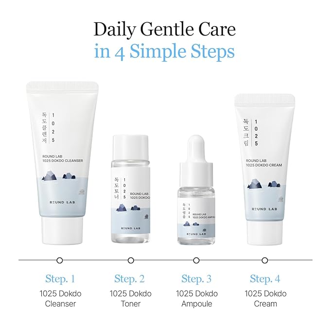 ROUND LAB 1025 Dokdo Hydrating Mini Size Kit (Cleanser, Toner, Ampule, Cream), Deep Hydration for Dry Skin, Daily Skin Care Routine Trial Kit for Moisture Care, Travel Size Gift Set, Korean Skin Care