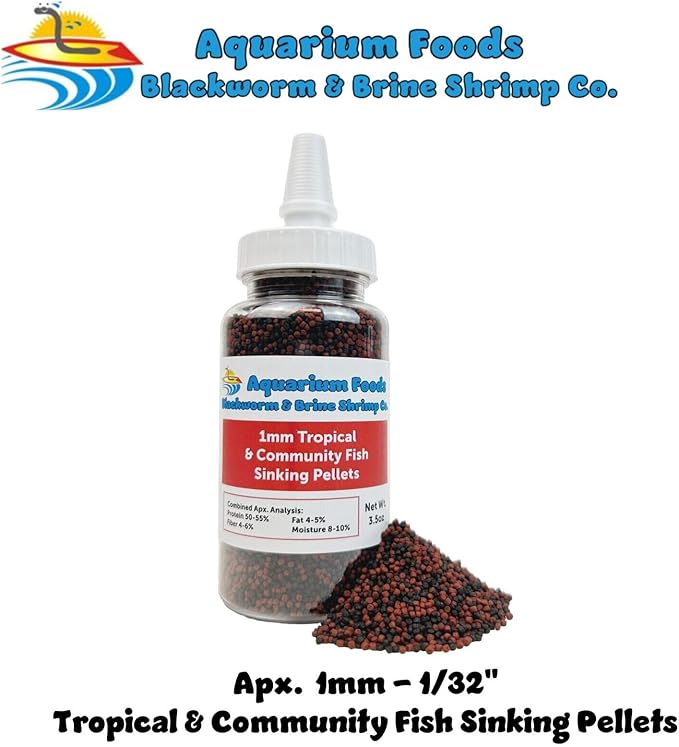 Aquatic Foods Inc. Our Original Blackworm and Color Enhancing Tropical Community Fish 1mm High Protein Sinking Pellet Mix of Blackworm and Color Enhancing Pellets…3.5oz Squeeze Bottle