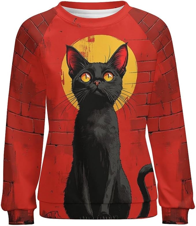 Halloween Sweatshirts for Women Black Cat Print Pullover Crewneck Oversized 2024 Fall Fashion Casual Warm Shirt