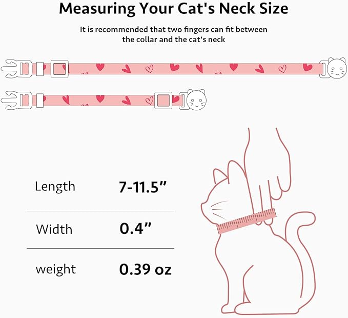 2 Pack Cotton Breakaway Cat Collar Pink and Gray Heart Shaped Pendant Cute Kitten Cat Collar with Bell