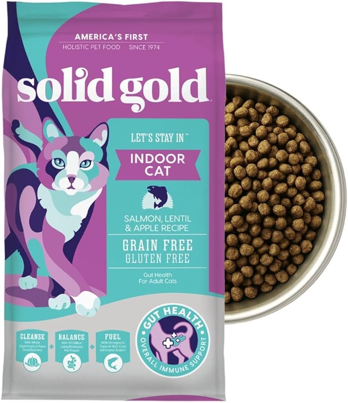 Solid Gold Indoor Dry Cat Food - Grain Free & Gluten Free - Salmon Cat Food Dry Kibble for Indoor Cats w/Probiotics & Fiber for Gut Health - Sensitive Stomach & Hairball Support for Adult Cats - 12LB