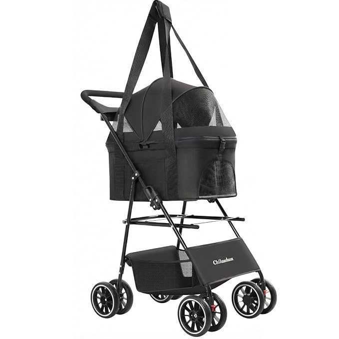 2-in-1 Foldable Pet Stroller with Canopy, 4 Wheels Pet Strolling Cart for Small/Medium Dogs and Cats with Removable Carrier,Breathable Mesh,Mom Tote Bag,Cup Holders,Easy Assembly,Black