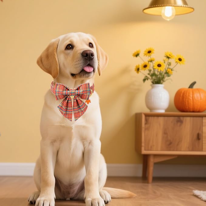 DOGWONG Cotton Fall Plaid Dog Collar, Orange Pumpkin Plaid Dog Collar with Bow Halloween Dog Collars Puppy Necklace for Small Medium Large Dogs