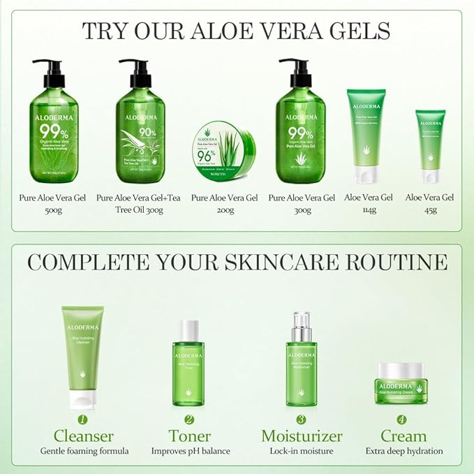 Aloderma 99% Organic Aloe Vera Gel Made within 12 Hours of Harvest - Lightweight, Non-Sticky Aloe Gel for Face Body, Hair, & Scalp, After Sun Relief, Natural, Soothing Hydrating Aloe Gel, 10.6oz
