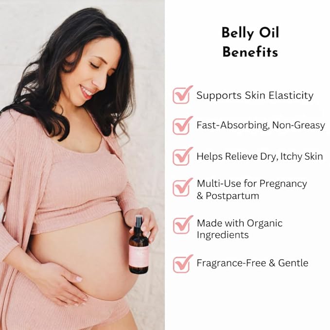 Irene Organics Organic Belly Oil for Pregnancy & Postpartum – Lightweight, Non-Greasy Stretch Mark Support Oil – Hydrating Vitamin E Bump Serum, Unscented & Pregnancy Safe
