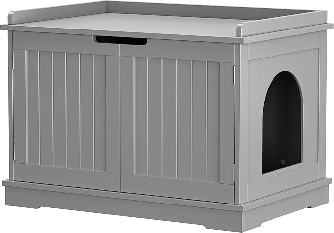 Cat Litter Box Enclosure Furniture Wooden w/Adjustable Divider, Indoor Cat House Storage Cabinet,End Table,for Large Cats, Grey