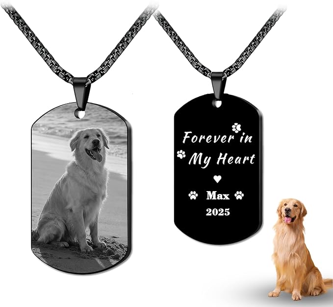QYH Custom Pet Memorial Necklace with Picture - Personalized Loss of Cat Dogs Keepsakes Necklacea with Message Laser Engraved Necklace Customized Gifts for Pet Lovers (Black-jg)