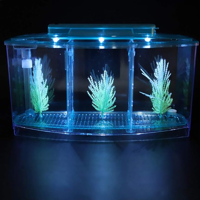 Fish Breeding Box, Aquarium Breeder Box Guppy Breeder Box Acrylic Fish Breeding Box Three Divisions Breeding Isolation Box with LED (Blue)