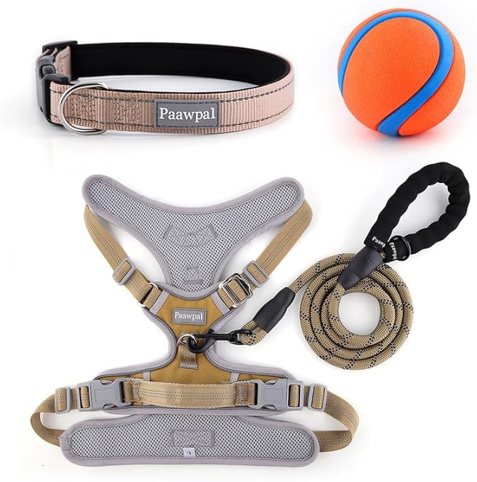 Adjustable Dog Harness - No Pull, Reflective, Soft Padded for Small, Medium, Large Dogs - Includes Leash and Collar Beige XS