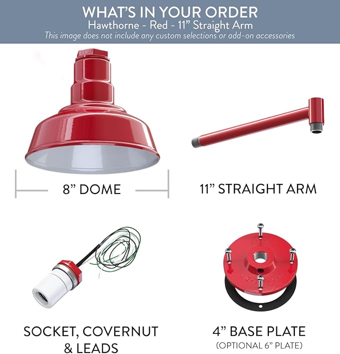 Steel Lighting Co. | Dusk to Dawn | Hawthorne Barn Light | Outdoor Wall Mounted | 8 in Dome | 11 inch Straight Arm| Small Farmhouse Light Made in America | Red Exterior/White Interior