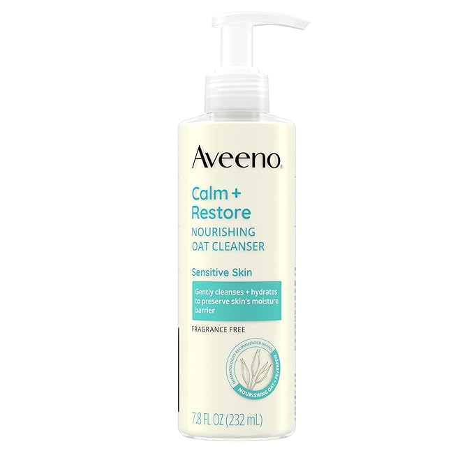 Aveeno Calm + Restore Nourishing Oat Cleanser, Daily Hydrating Facial Cleanser & Face Wash for Sensitive Skin, Non-Foaming, Hypoallergenic, Non-Comedogenic, Fragrance-Free, with Feverfew, 7.8 fl oz