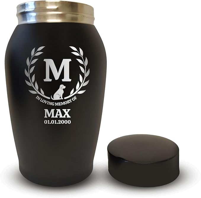 Personalized Custom Small Keepsake Urn Engraved with Pet Name, Date, and Dog Design - 5.2" Black Powder Coated Steel Cremation Urn for Dogs Ashes | 12-16 lb Capacity, Leaves Border
