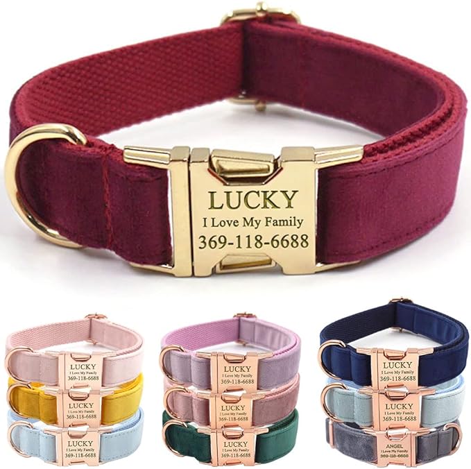 PETDURO Custom Dog Collar Personalized with Name Engraved Gold Metal Buckle for Large Medium Small Girl Dogs - Dog Leash Bow Tie and Harness Available - Soft Comfy Velvet (Claret G, XL)
