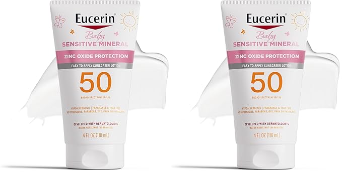 Eucerin Sun Sensitive Mineral Baby Sunscreen Lotion SPF 50 with Zinc Oxide Protection,Hypoallergenic Mineral Sunscreen for Babies,Tear Free and Fragrance Free,4 Fl Oz Tube,(Pack of 2)