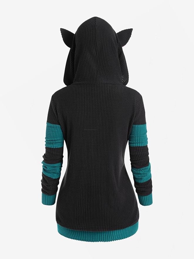 ROSE GAL Rosegal Women Plus Size Cat Ear Ribbed Hooded Blouson Jacket Animal Ear Two Tone Cute Hoodie