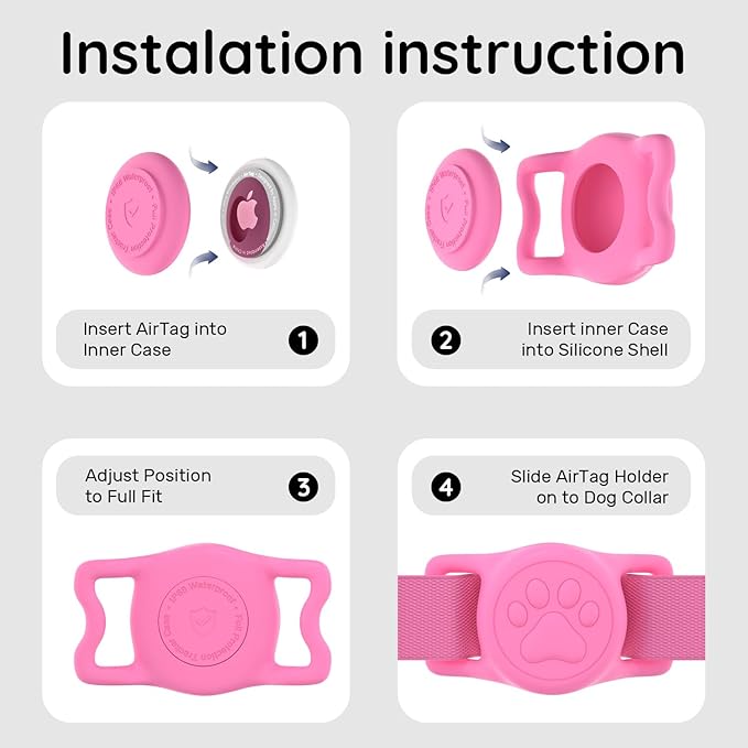 for Airtag Dog Collar Holder, Dog Airtag Holder Waterproof, Lightweight & Soft Silicone Air Tag Case for Pet Collars, Works with Multiple Tracker Tag Products (Black1+Pink1, 2 Pack)