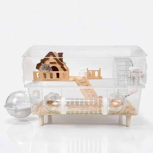 Clear Acrylic Hamster Cage, Dwarf Hamster Cage, Mouse Cage, Gerbil Cage - All-in-One Hamster Habitat with 18cm Silent Wheel, Tubes & Full Kit, 17.7×11.8×13" for Dwarf Hamsters, Mice, Gerbils