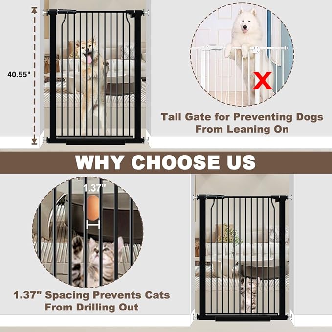 40.55" Extra Tall Baby Gate for Doorways, 40.6-49.1 in Wide Dog Gate Indoor, Walk Through Tall Pet Gates No Drilling, Pressure Mounted Child Safety Gate with Door for House Doggie, Black