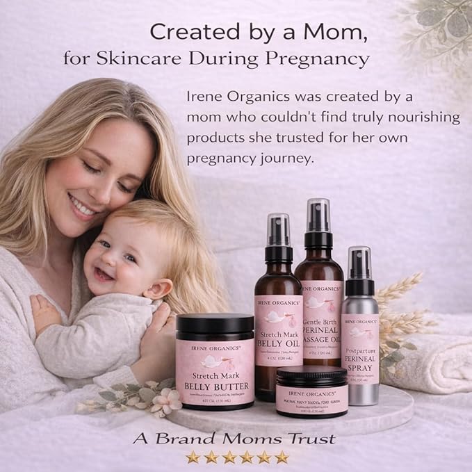 Irene Organics Belly Bundle – 5 Piece Pregnancy Skincare Gift Set with Organic Belly Butter & Natural Body Oil for Stretch Marks (5 piece set)