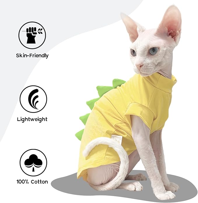 QBLEEV Sphynx Cat Clothes – Soft Cotton Dinosaur Shirt for Hairless Cats Only, Breathable Pet Daily Wear Apparel for Summer, Kitten Costume Pajamas for Indoor/Outdoor Use, XS-2XL