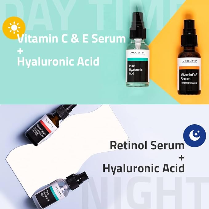 YEOUTH Skin Care Set: Retinol Serum for Face, Vitamin C and Hyaluronic Acid Face Serum, Facial Skincare Serums that Targets Appearance of Uneven Skin and Dryness 3x1 oz