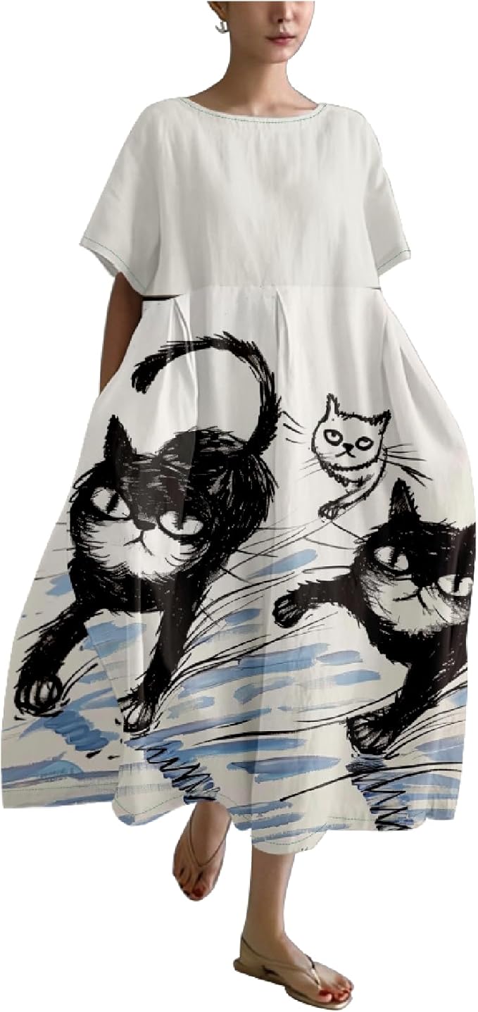 MARSVOVO Summer Dress for Women Funny Cat Graphic Cute Short Sleeve Maxi Dress Causal Plus Size Party Dress for Women