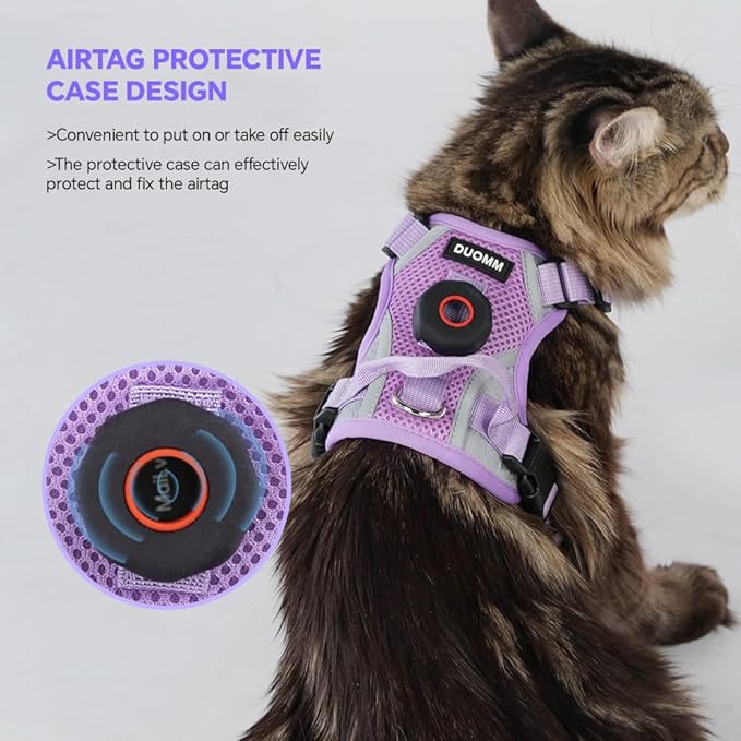Cat Harness and Leash Set with AirTag Holder: Upgraded Escape Proof Vest with Lead for Small Dog Puppy Large Cat Walking，Soft Breathable Mesh Coat with Reflective Strip (Purple, M)