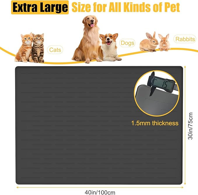 1.5MM Super Thick Dog Food Mat, 40"x30" Silicone Dog and Cat Mats for Food and Water Bowls, Waterproof Pet Feeding Mat for Contain Spills Protects Floors, Multiple Colors & Sizes for Pets, Dark Gray