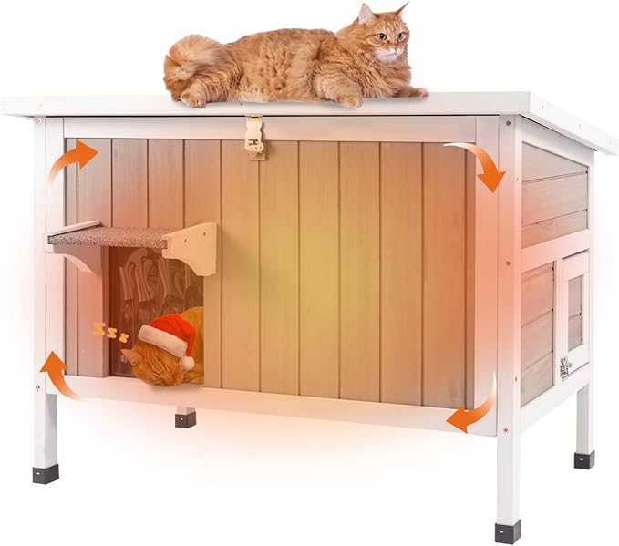 Insulated Cat House Outdoor Feral Cat Shelter House for 1-2 Cats, All Around Foam Cat Houses for Oudoor Cats Weathproof Wooden Indoor Cat House with Waterproof Roof, Escape Doors