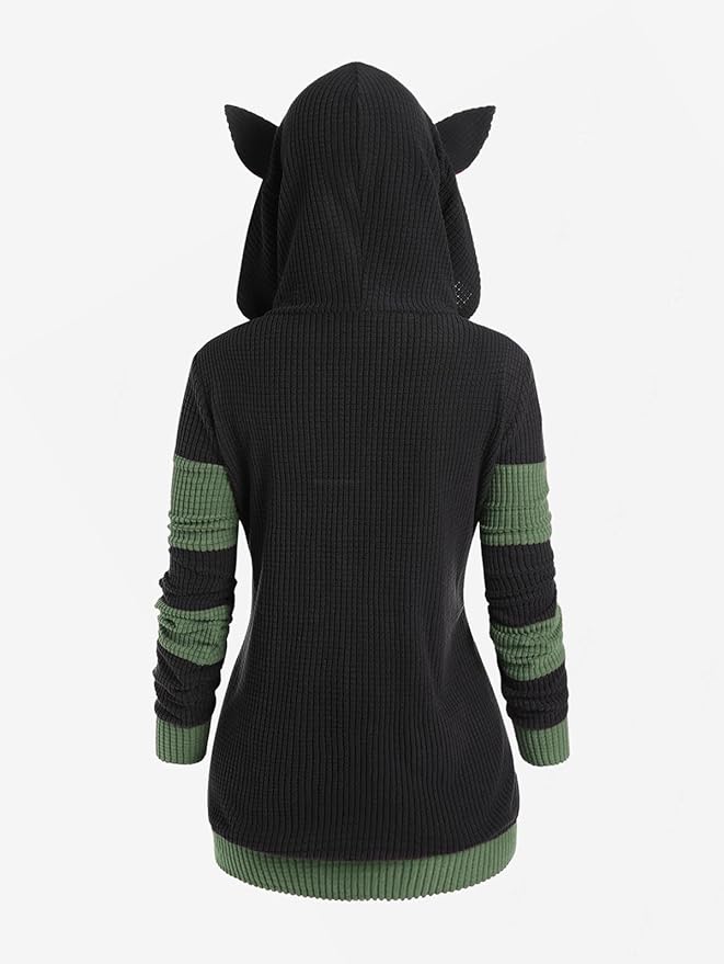 ROSE GAL Rosegal Women Plus Size Cat Ear Ribbed Hooded Blouson Jacket Animal Ear Two Tone Cute Hoodie