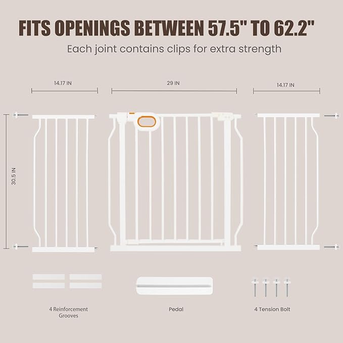 Extra Wide Baby Gate with Door Pressure Mounted 57.5-62.2 Inch,Child Dog Baby Safety Gates for Doorways,Walk Through Dog Gate Indoor for The House Kitchen Stairs No Drilling,White