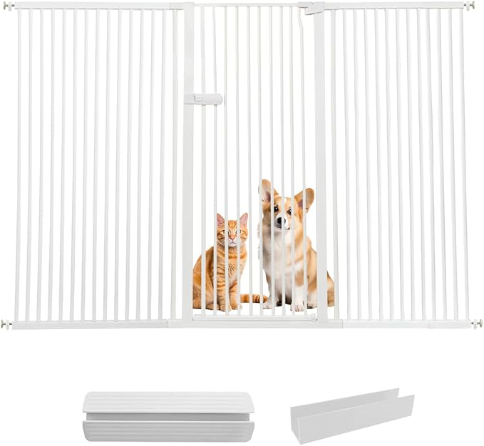 Lumizone Extra Tall Cat Gate 55.12" High Pressure Mounted Extra Wide 2025 New (17 Sizes) 1.37" Gap No Drilling Auto-Close One-Handed Operation Tall Pet Gate for Dogs(White, 55.12" H x 80.12"-84.44" W)