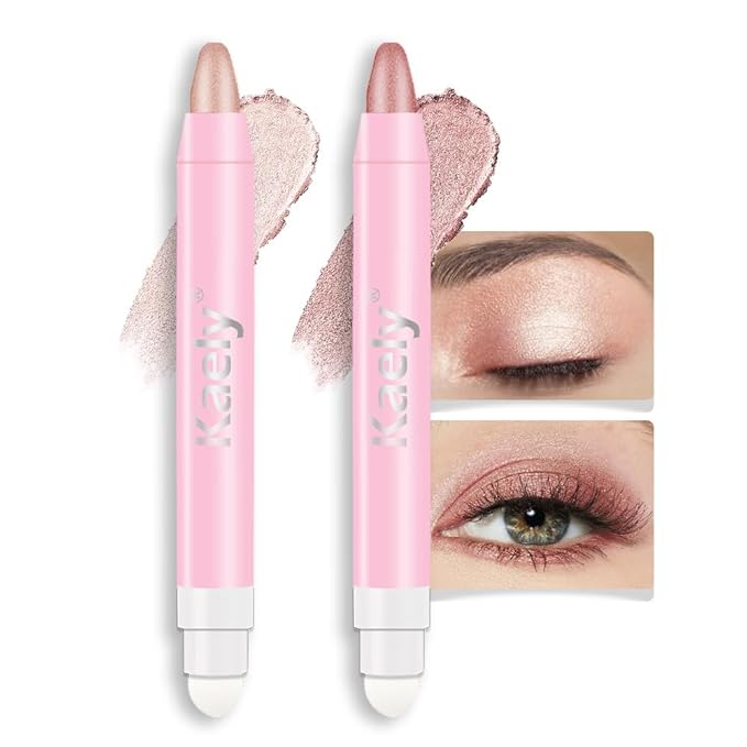 evpct 2Pcs Cream Eye Shadow under Eye Brightener Sticks Set for Eyes Waterproof, Champagne & Rose Shimmer Cream Eyeshadow Applicator Stick Long Lasting Pigmented Eye Makeup sombras en crema para ojos