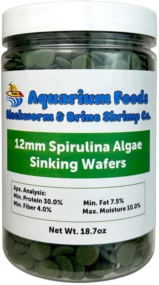 Aquatic Foods Inc. 12mm - 1/2" Small Sinking Spirulina, Veggie and Algae Wafers for Bottom Tropical Fish, Shrimp, Snails, Crabs, Plecos, Catfish, All Tropical Fish…18.7oz Lg Round Jar