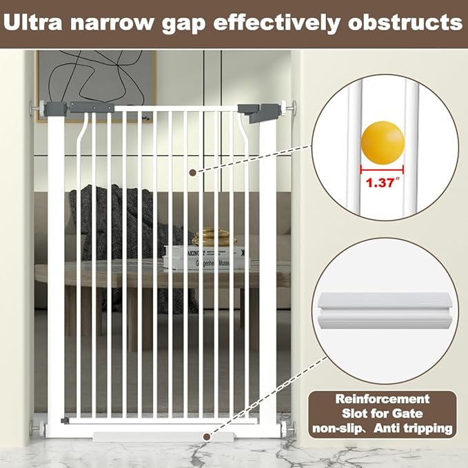 41-Inch Extra Tall Baby Gate for Doorway, 60.3-65.7 Inch Metal Pet Safe Gate with Expansion Kit, No Drilling Cat Fence Indoor, White