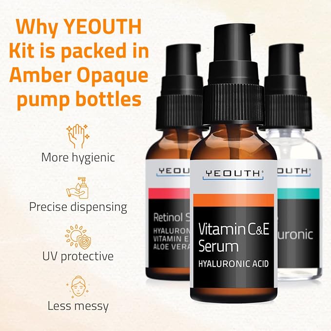 YEOUTH Skin Care Set: Retinol Serum for Face, Vitamin C and Hyaluronic Acid Face Serum, Facial Skincare Serums that Targets Appearance of Uneven Skin and Dryness 3x1 oz