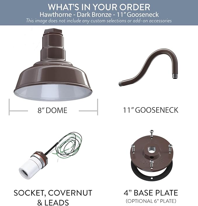 Steel Lighting Co. | Dusk to Dawn | Hawthorne Barn Light | Outdoor Wall Mounted | 8 in Dome | 11 inch Gooseneck| Small Farmhouse Light Made in America | Dark Bronze Exterior/White Interior