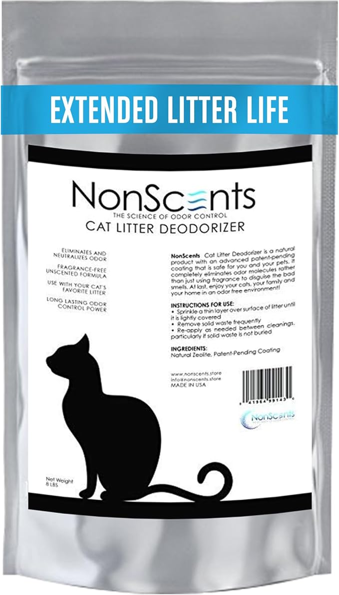 NonScents Cat Litter Deodorizer - Litter Box Odor Eliminator - Less Scooping Extends Kitty Litter Lifespan - Fragrance-Free Formula Eliminates Unpleasant Cat Odors – 8 Pound Bag