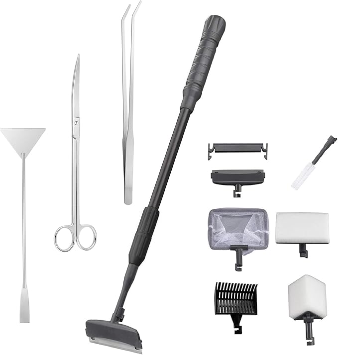 Carefree Fish 9IN1 Aquarium Cleaning Tools Long Handle Adjustable Length 20~36Inch Fish Tank Cleaner Kit Alage Scraper Scrubber Brushes Set Plant Scissor Long Tweezer