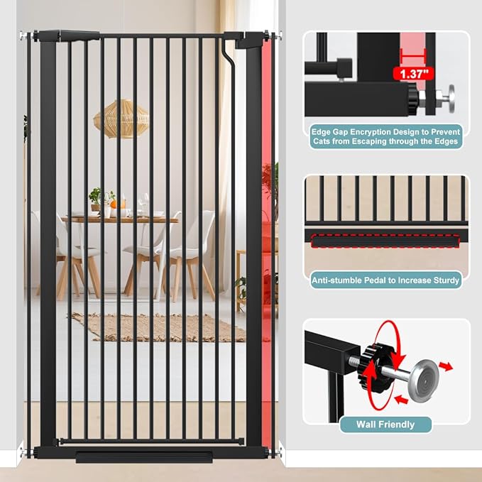 51.18" Extra Tall Pet Gate for Cats Dogs-29.6"-40.5" Extra Wide Baby Cat Gate for Stairs and Doorways-1.37" Ultra Narrow Spacing Dog Gate Dog Door with One-Handed Operation(29.6"-40.5")
