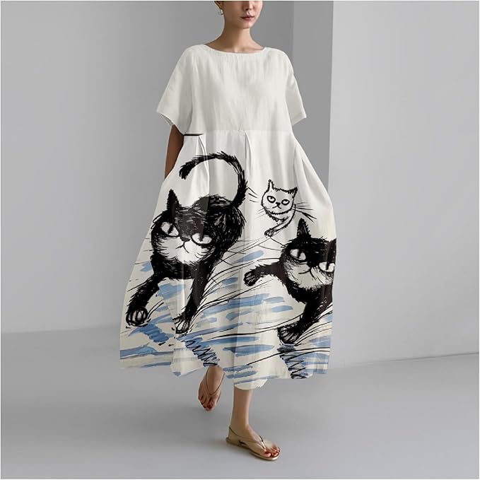MARSVOVO Summer Dress for Women Funny Cat Graphic Cute Short Sleeve Maxi Dress Causal Plus Size Party Dress for Women