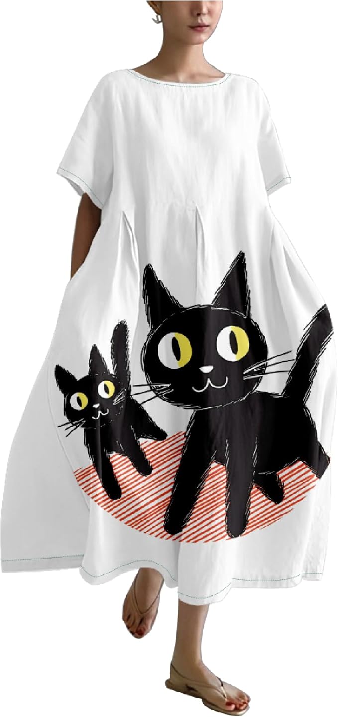 MARSVOVO Summer Dress for Women Funny Cat Graphic Cute Short Sleeve Maxi Dress Causal Plus Size Party Dress for Women