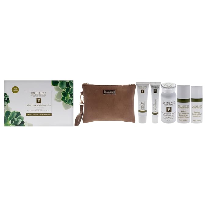 Eminence Must Have Minis Starter Set – 6 Pc Unisex Skincare Kit with Gel Wash, Dermafoliant, Moisturizer, Firming Fluid, Eye Serum & Pouch