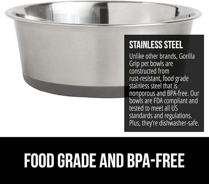GORILLA GRIP Dog Bowls, Holds 4 Cups Each (32 fl oz), Heavy Duty Stainless Steel Food and Water Bowl for Feeding Dogs and Cats, Dishwasher Safe, Rust Resistant, BPA Free Rubber Base, Set of 2 Black