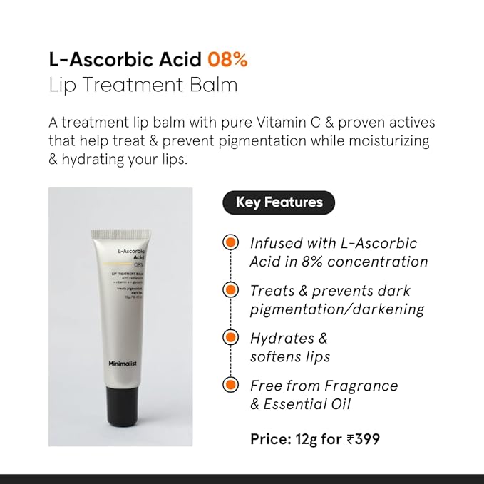 Minimalist Lip Balm for Moisturizing, Softening & Brightening Lips | L-Ascorbic Acid 8% with Vitamin E, Radianskin & Glycerine | For Women & Men | 0.42 Oz / 12 gm