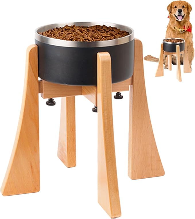 Beech Dog Bowl Stand for Medium Large Dogs,Elevated Feeder Large Breeds,Raised Bowl Stand，Adjustable Width for Different Bowls,Feeding Station with Non-Slip Feet (12-inch High with Bowl)