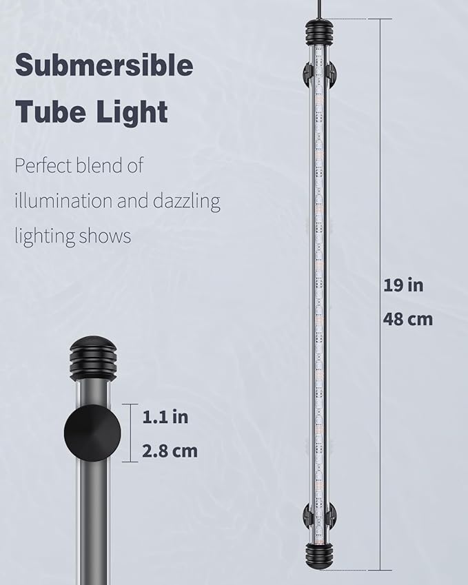 Pawfly 5.5 W Aquarium LED Light 19 Inch Underwater Fish Tank Light with Timer Auto On/Off Fish Tank Background Lights with 8 Lighting Modes Submersible Multi-Colored Tube Lights for Decoration